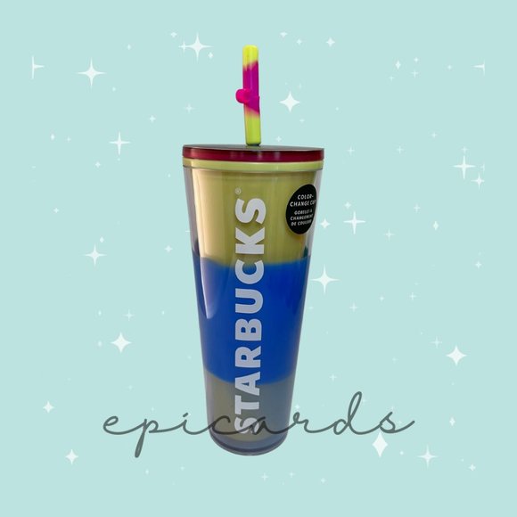 STARBUCKS Mother's Day 2023 Color Changing Cup w/ Straw Topper Blue/Yellow/Pink